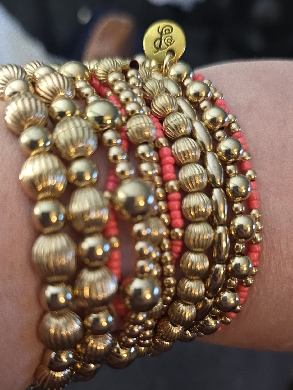 11 Gold and Coral Beaded Stretch Bracelet Stack Fits 5-7 Inches Wrist